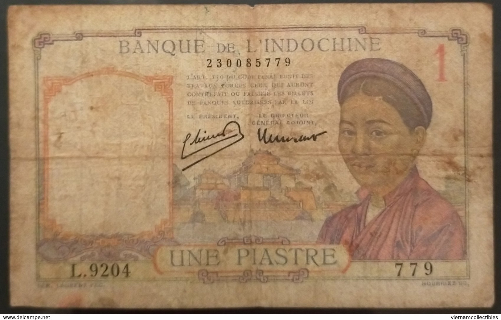 French Indochina Indochine Vietnam Cambodia 1 Piastre VF Banknote Note Billet 1932-49 - Pick# 54e New Laos Text - Indochine