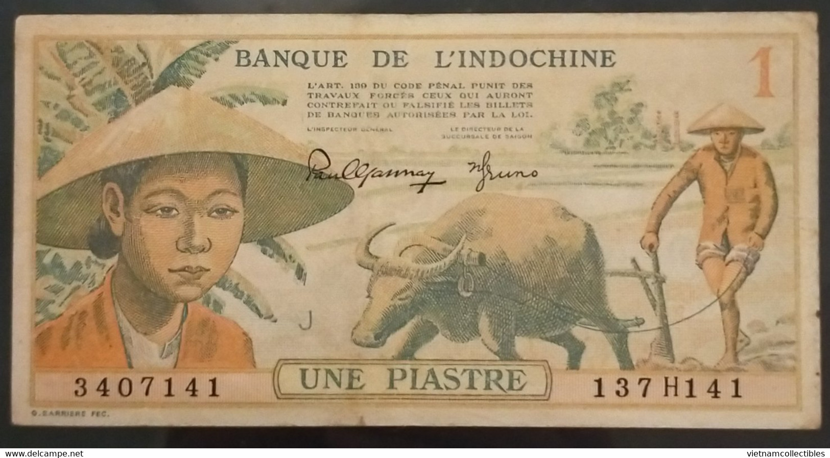 French Indochina Indochine Vietnam Viet Nam Laos Cambodia 1 Piastre VF Banknote Note / Billet 1949 - Pick# 74 / 02 Photo - Indochine