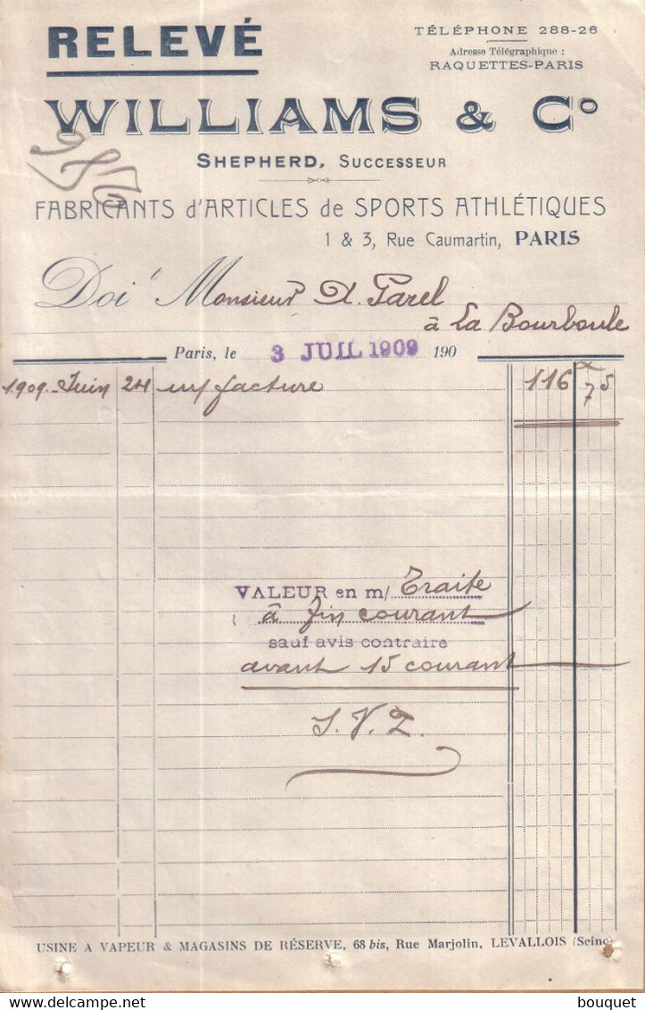 PARIS - FABRICANT D'ARTICLES DE SPORTS ATHLETIQUES - WILLIAMS & Co - RELEVE - 1909 - Sports & Tourisme