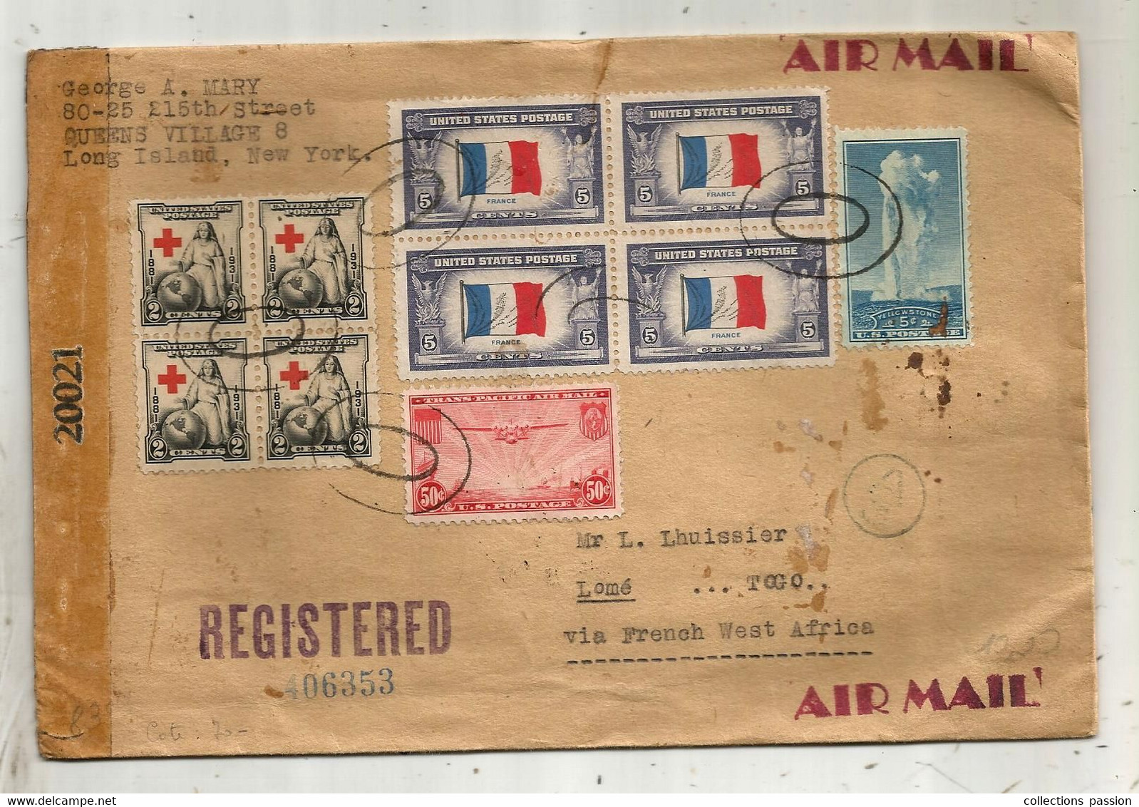 Lettre , Registered , NEW YORK , COTONOU DAHOMEY , LOME TOGO , Controle Postal ,ouvert, 1944 , Frais Fr 1.95 E - Postal History