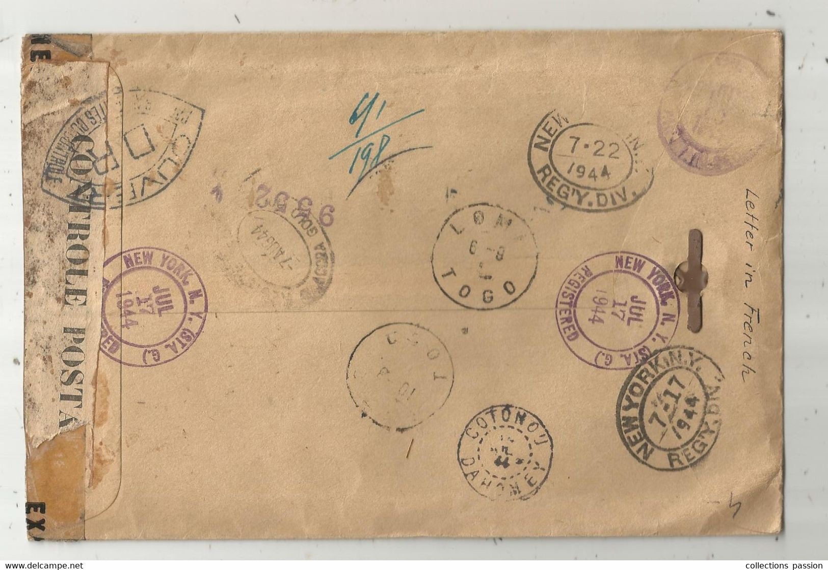 Lettre , Registered , NEW YORK , COTONOU DAHOMEY , LOME TOGO , Controle Postal ,ouvert, 1944 , Frais Fr 1.95 E - Marcophilie