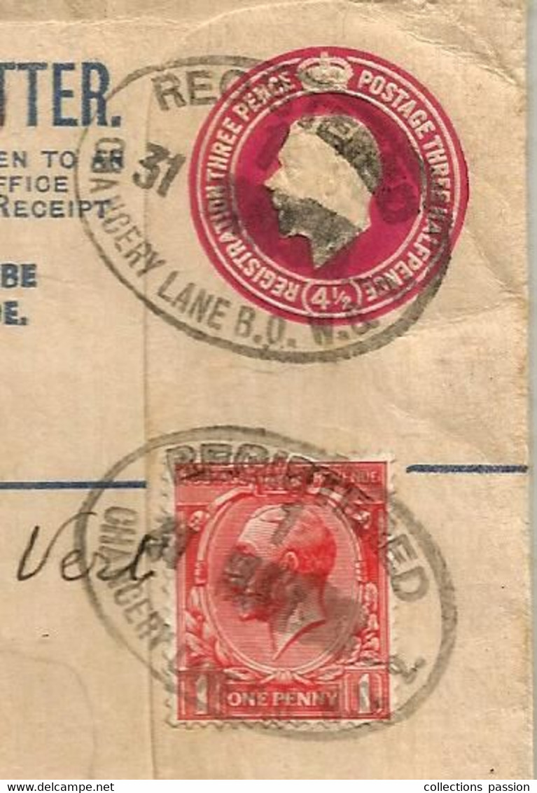 Lettre , GRANDE BRETAGNE ,registered Letter , Entier Postal ,R London W.C. 4 , 1930 - Marcophilie