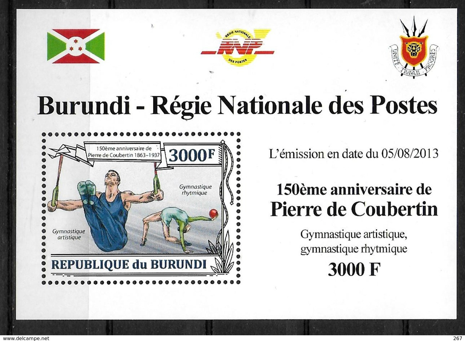 BURUNDI   Epreuve Luxe  N° 2053  * *   Coubertin Gymnastique Anneaux Danse - Gymnastiek