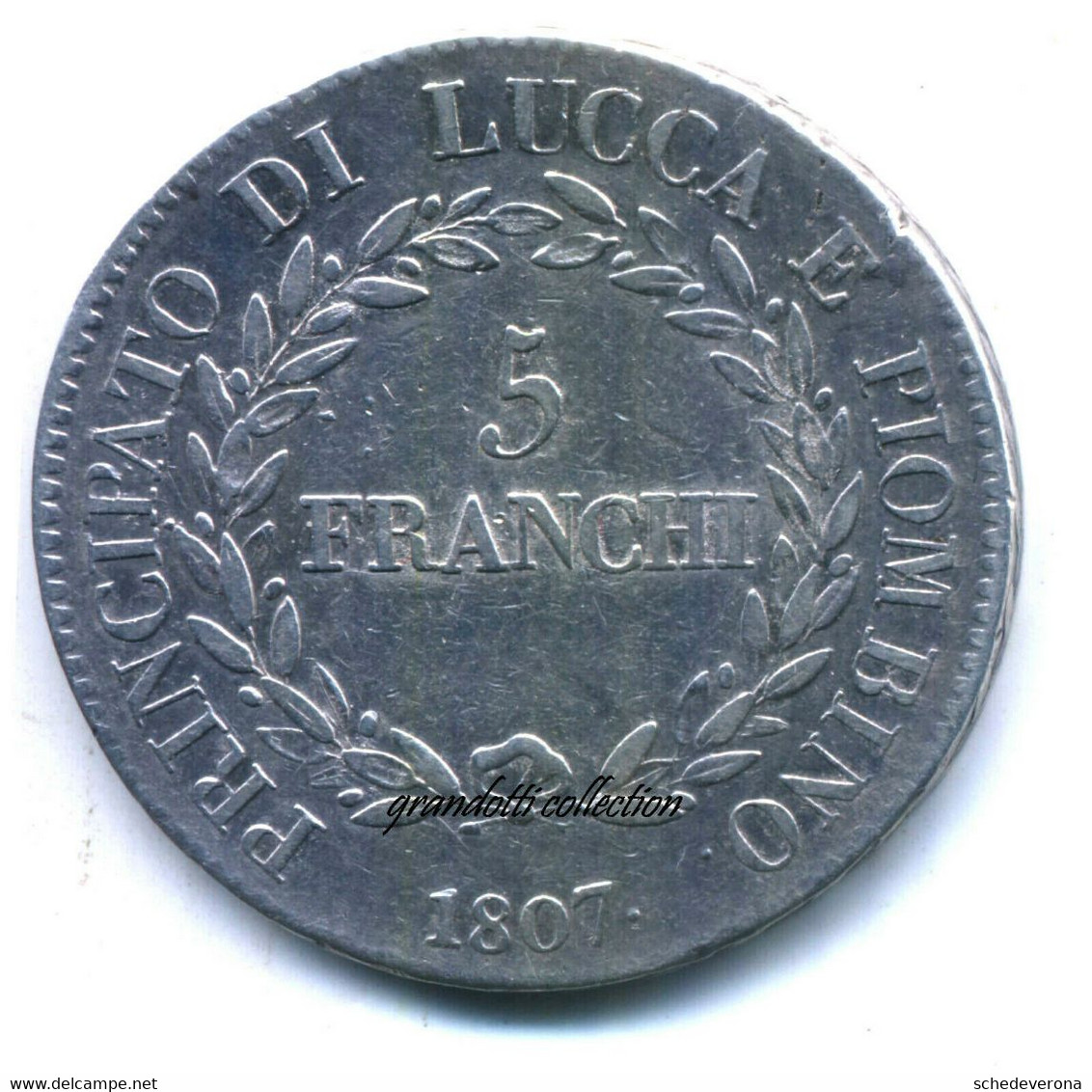 LUCCA E PIOMBINO 5 FRANCHI 1807 ELISA BONAPARTE FELICE BACIOCCHI MONETA ARGENTO - Lucca