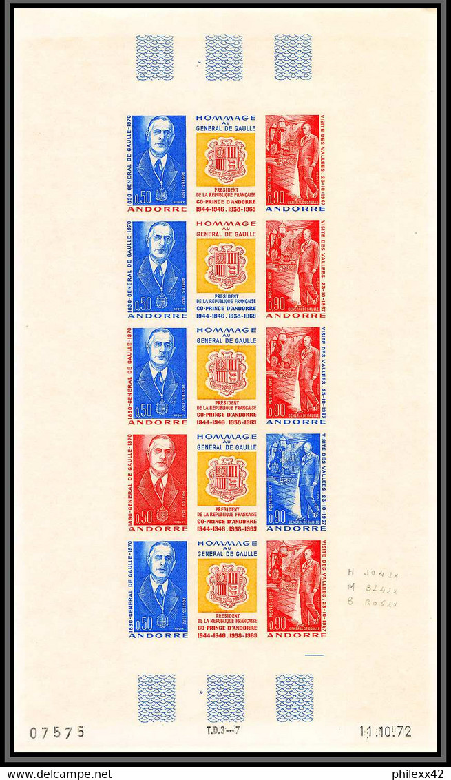 85017 N°399a (398 399) De Gaulle Feuille Complete Sheet Andorre Andorra Essai Proof Non Dentelé Imperf ** MNH - Nuevos