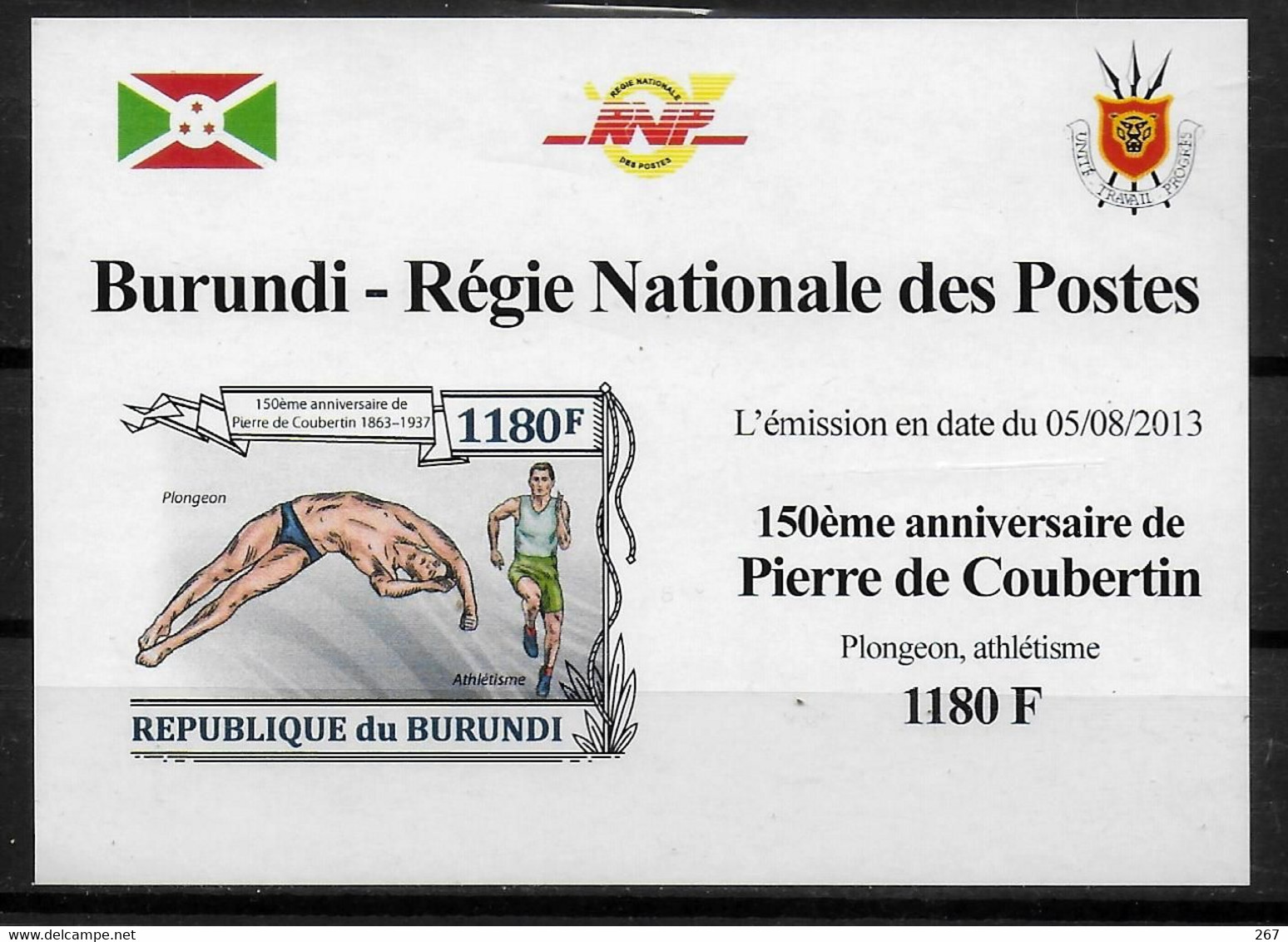 BURUNDI  Epreuve Luxe  N° 2051  * *  NON DENTELE   Coubertin Plongeon Natation Course - Salto De Trampolin