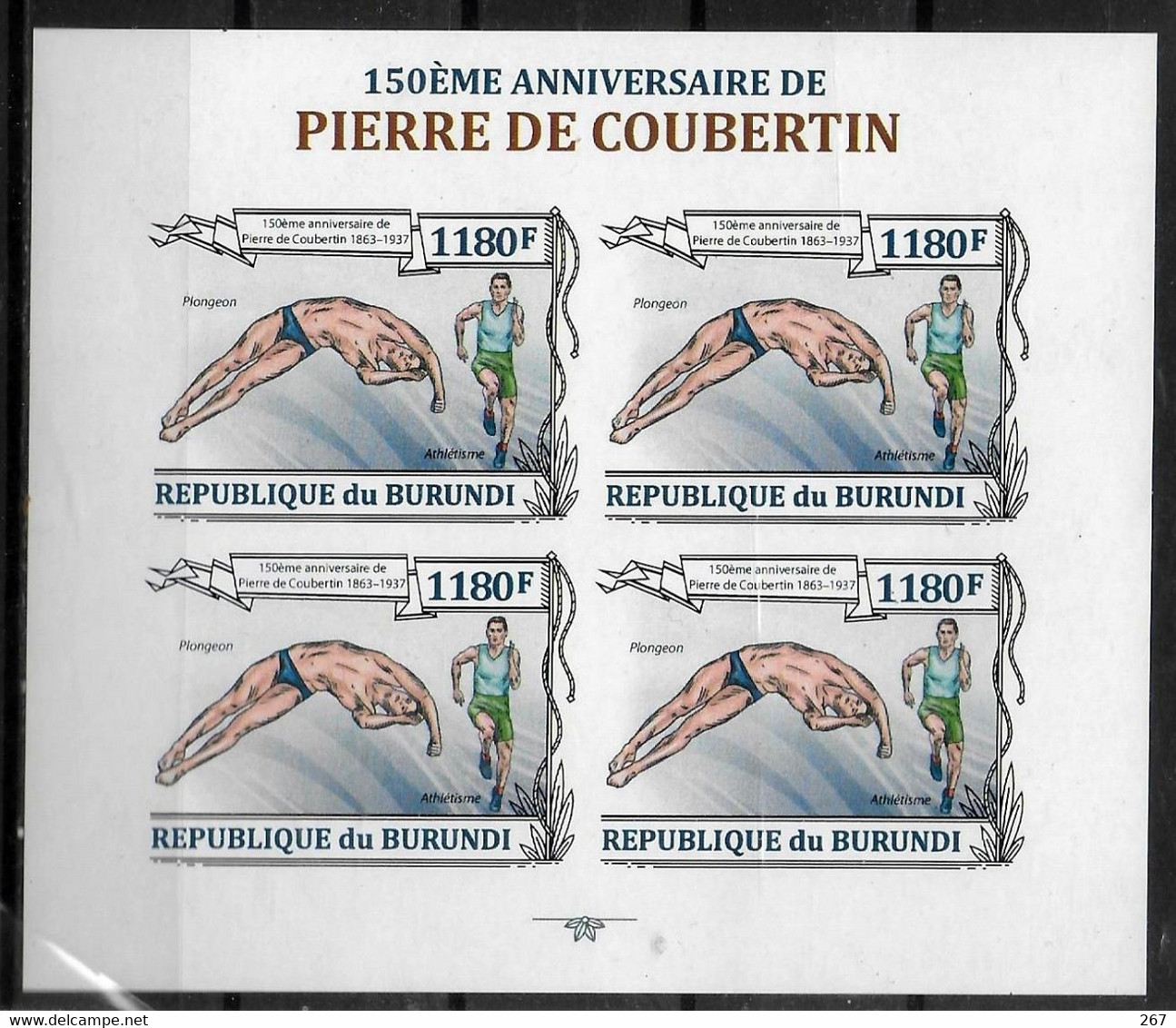 BURUNDI  Feuillet  N° 2051  * *  NON DENTELE   Coubertin Plongeon Natation Course - Tuffi