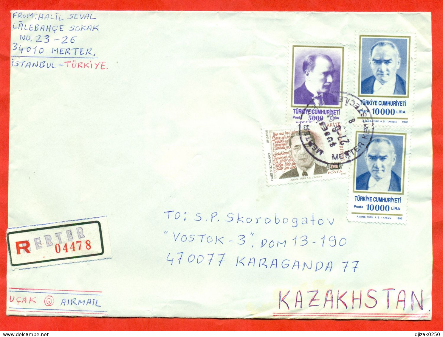 Turkey 1994.Registered Envelope Post  Passed Through The Mail. Airmail. - Cartas & Documentos