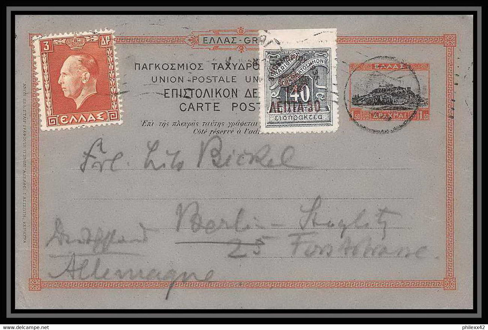 3098/ Grèce (Greece) Entier Stationery Carte Postale (postcard) N°34 Pour Berlin Allemagne Germany 1938 + Complement - Ganzsachen