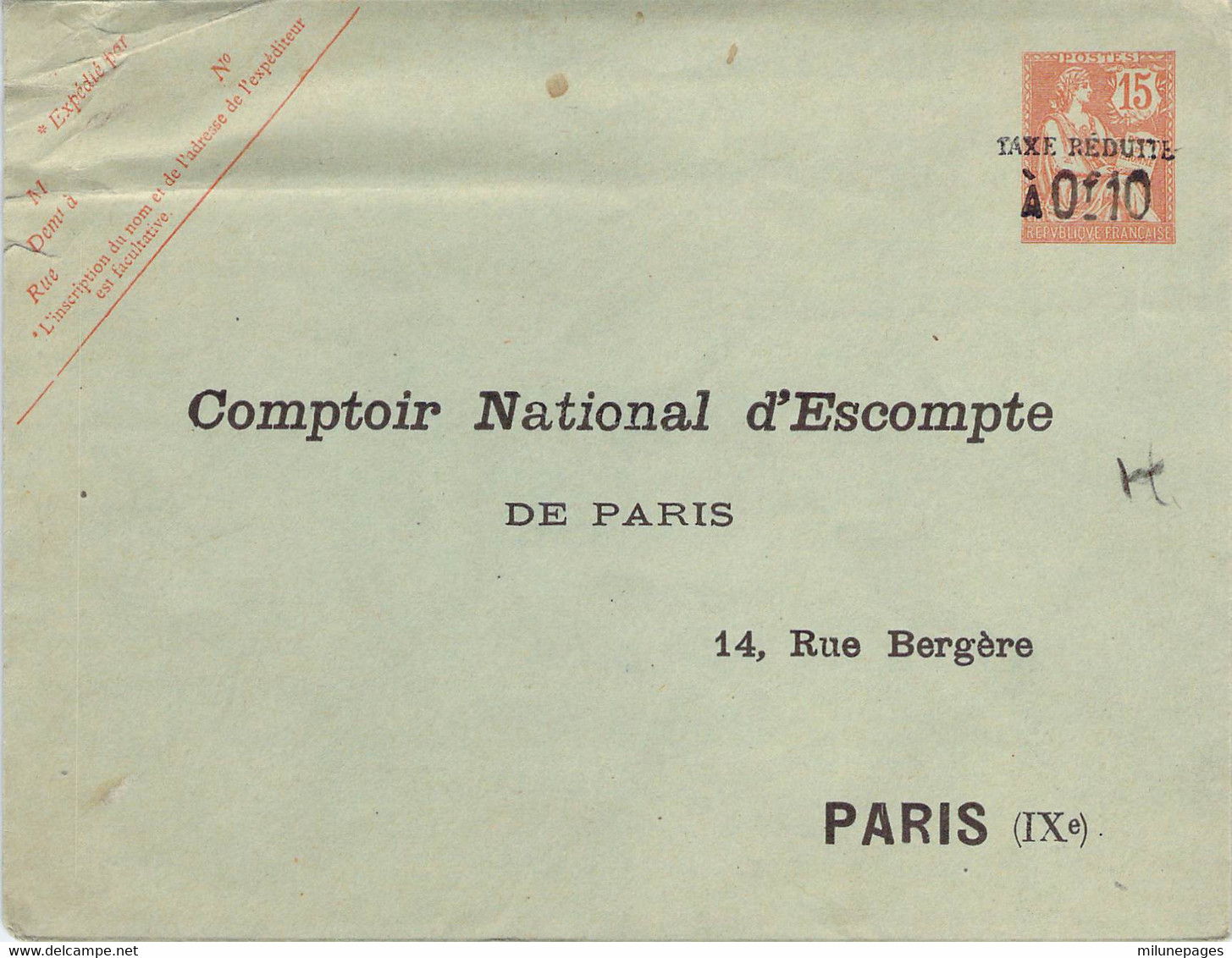 Enveloppe Entier Postal  Neuf 15 Cts Mouchon Surcharge Taxe Réduite Repiquage Privé Comptoir National D'Escompte - Overprinted Covers (before 1995)
