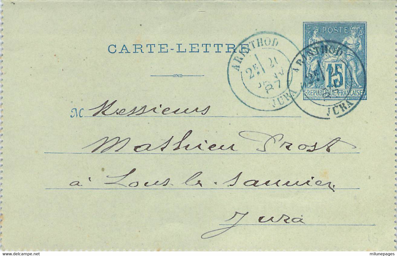 Rare Cachet Bleu A2 Mixte De ARINTHOD Jura Sur Carte Lettre Entier Postal 15 Cts Sage Janv. 1887 - 1877-1920: Periodo Semi Moderno