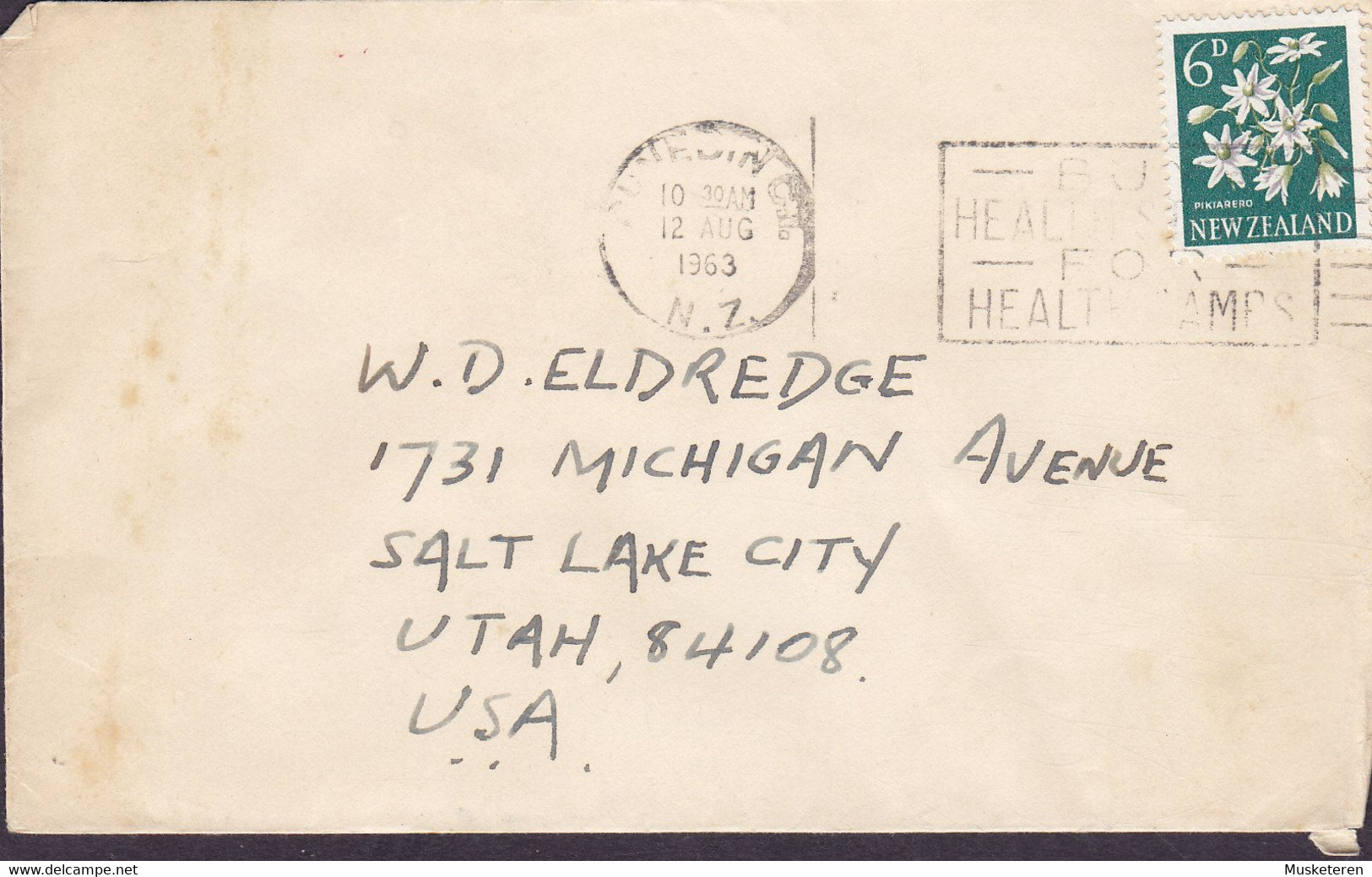 New Zealand Slogan Flamme 'Health Stamps' DUNEDIN 1963 'Petite' Cover Brief SALT LAKE CITY Utah United States - Briefe U. Dokumente