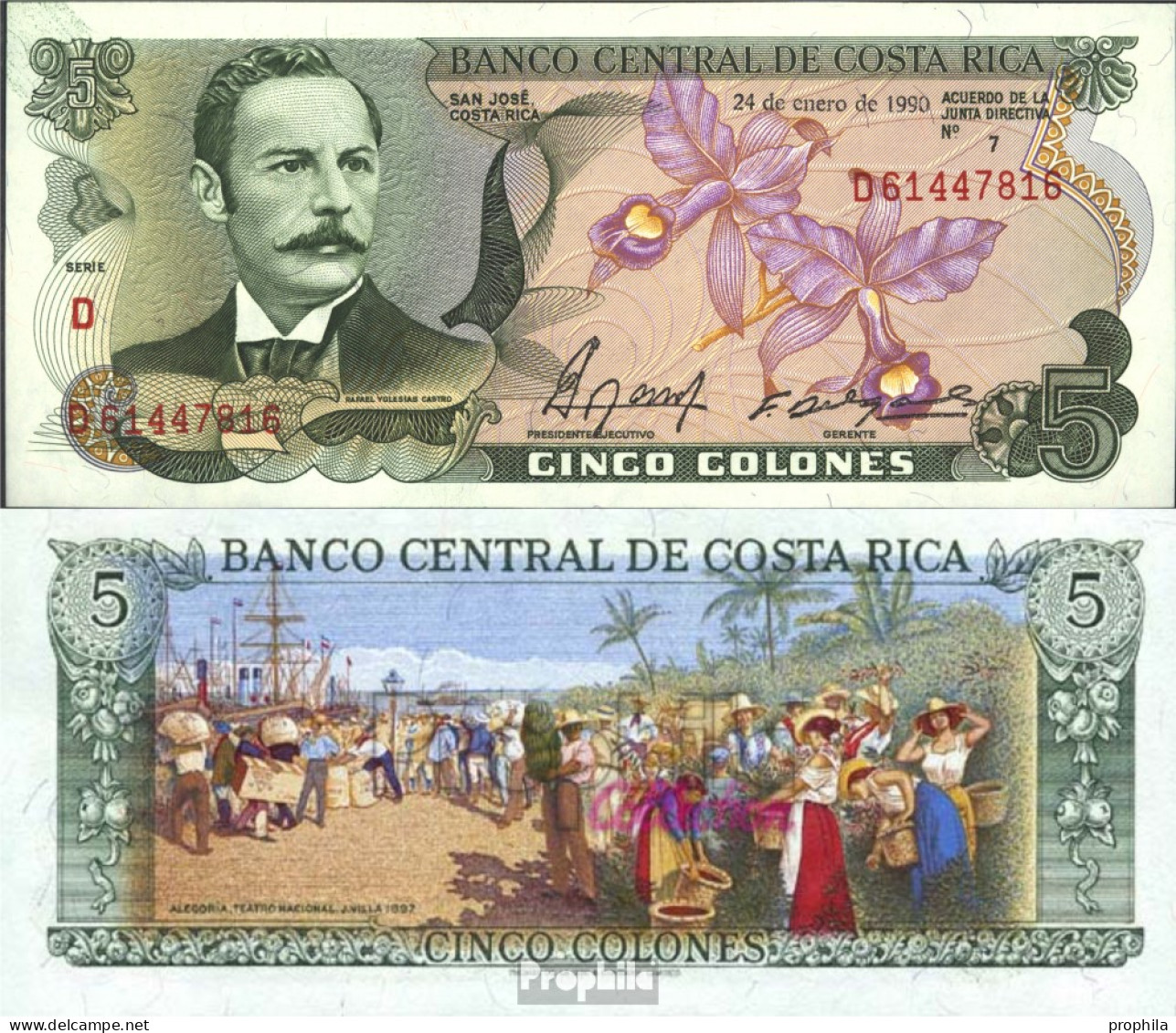 Costa Rica Pick-Nr: 236e (1990) Bankfrisch 1990 5 Colones Orchideen - Costa Rica