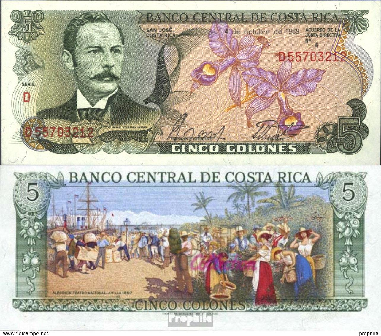 Costa Rica Pick-Nr: 236d (1989) Bankfrisch 1989 5 Colones Orchideen - Costa Rica