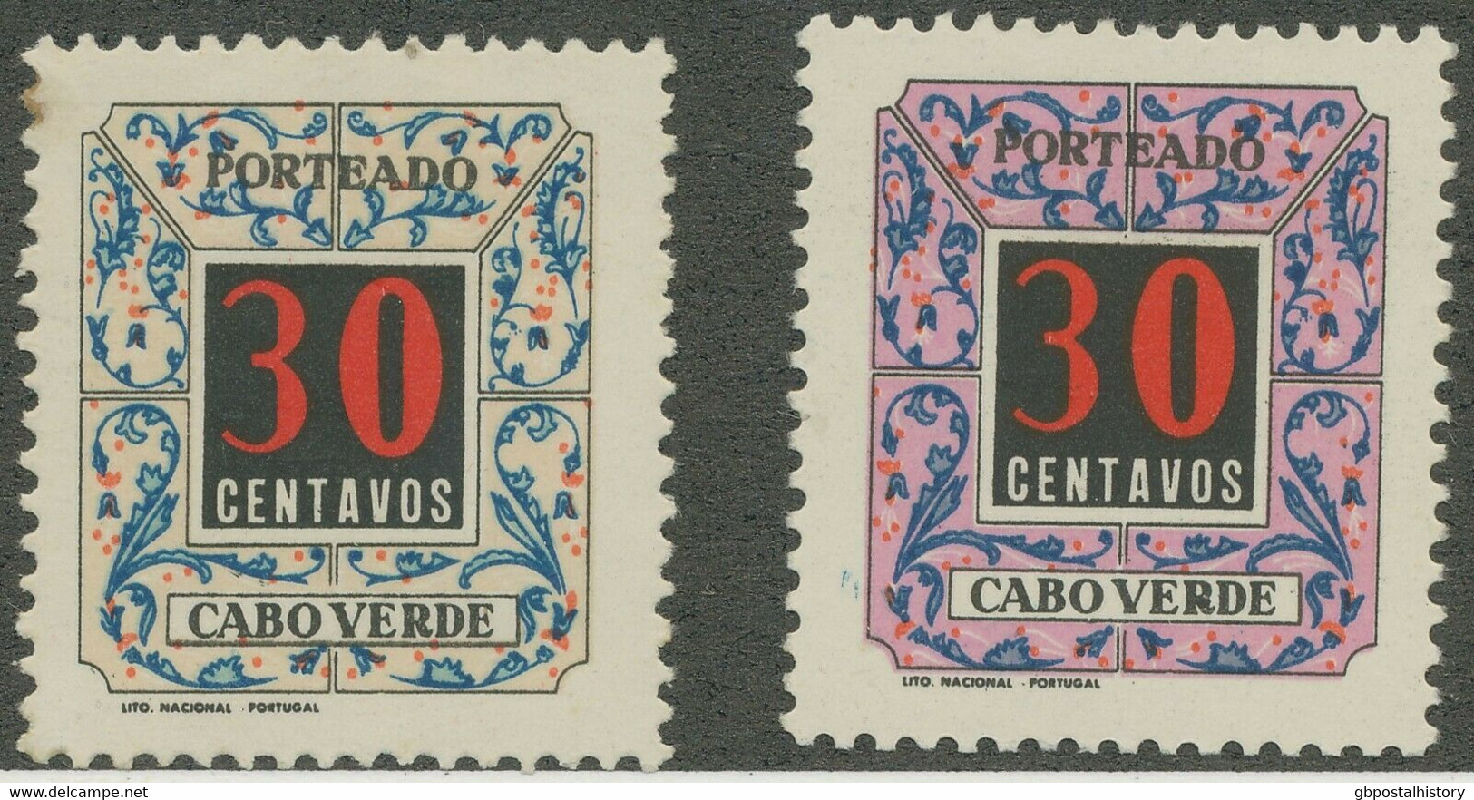 CAPE VERDE 1952 Postage Due 30 C Unused MAJOR VARIETY: MISSING COLOR PURPLE - Cape Verde