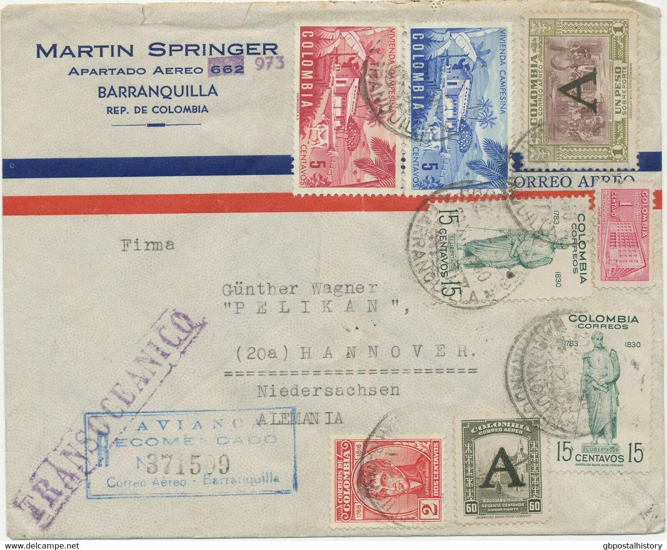 COLOMBIA 1950 Mixed Postage Within Farm 5 C Blue + Red (PRE-RELEASE FDC) Flown With AVIANCA To HANOVER - Colombie