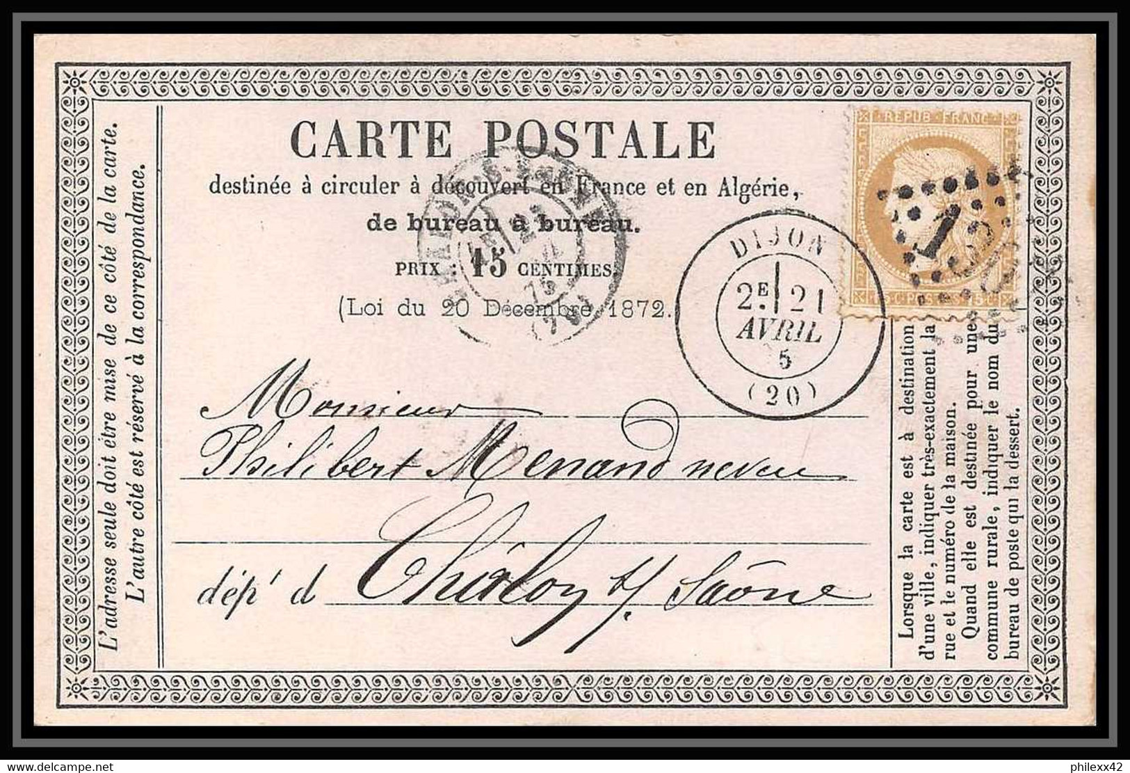 8737 LAC Entete Robin N 59 Ceres 15c GC 1307 Dijon Cote D'Or 1875 France Precurseur Carte Postale (postcard) - Vorläufer