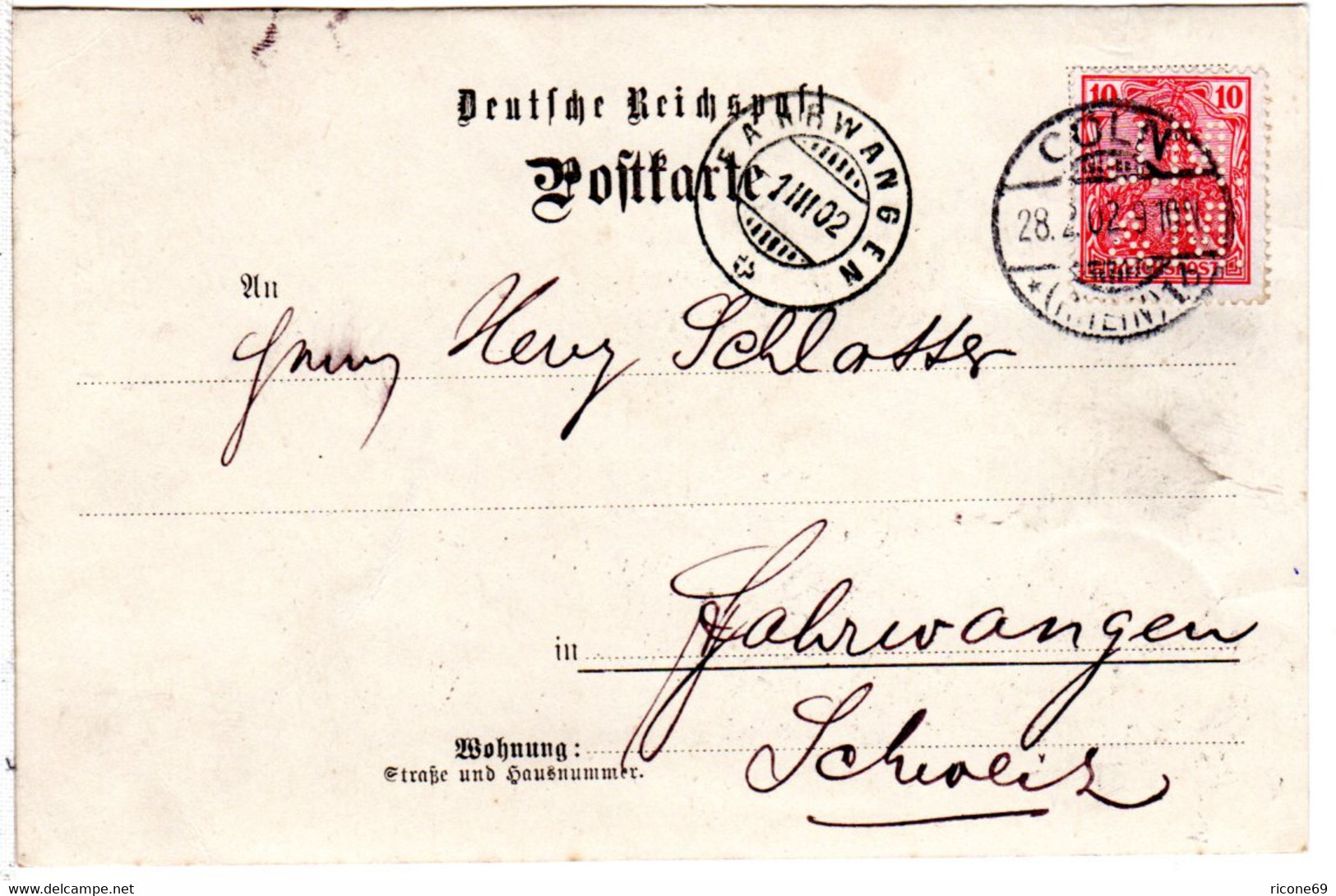 DR 1902, 10 Pf. Germania M. Perfin Firmenlochung JM&M Auf Firmen Karte V. Köln - Altri & Non Classificati