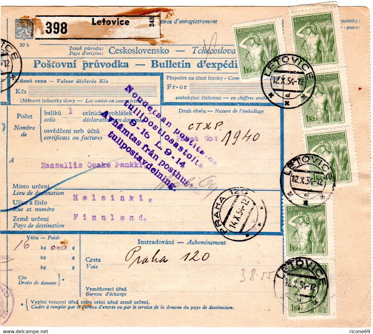 Tschechoslowakei 1954, 28 Marken Auf Paketkarte V. LETOVICE N. Finnland - Briefe U. Dokumente