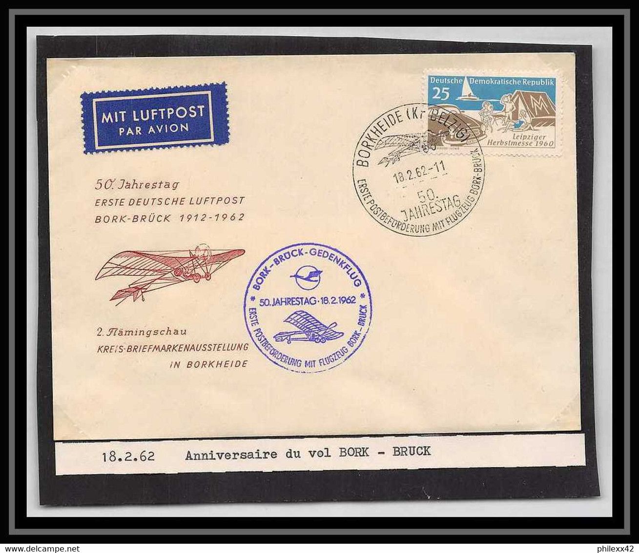 41653 Anniversaire Du Vol De Bork - Bruck 1962 Allemagne (germany DDR) Aviation PA Poste Aérienne Airmail Lettre Cover - Cartas & Documentos