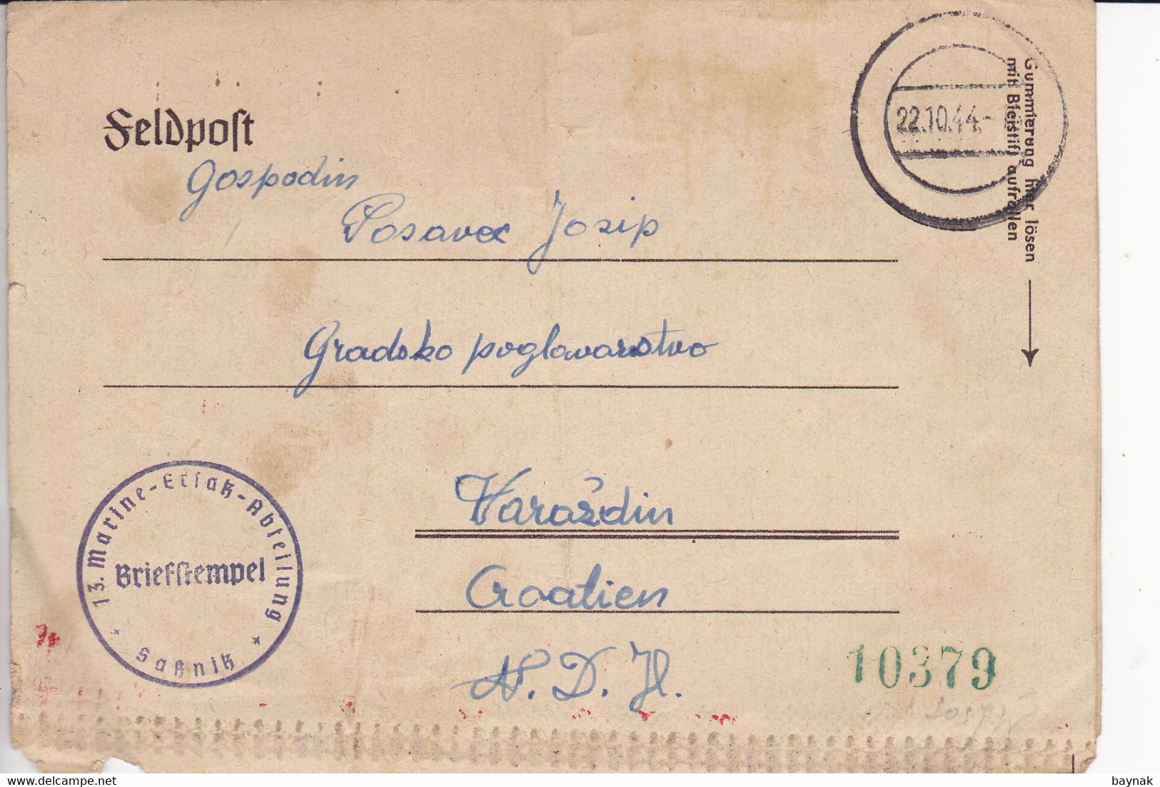 CROATIA, VARAZDIN   --  NDH   --  1944  --  FELDPOST MIT ZENSUR  --  13. MARINE ERLASS  ABTEILUNG  --  MATROSE, MORNAR - Croatia