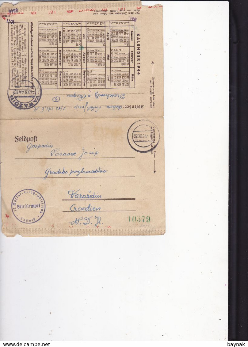 CROATIA, VARAZDIN   --  NDH   --  1944  --  FELDPOST MIT ZENSUR  --  13. MARINE ERLASS  ABTEILUNG  --  MATROSE, MORNAR - Croatia