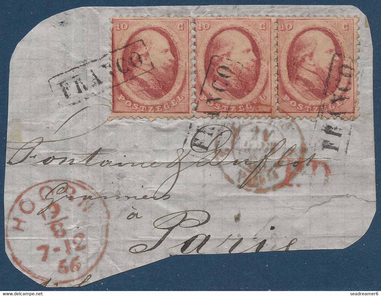 Pays Bas Fragment N°5 10c Rose Carminé Bande De 3 Oblitéré Letterbox Franco Pour Paris TTB - Used Stamps