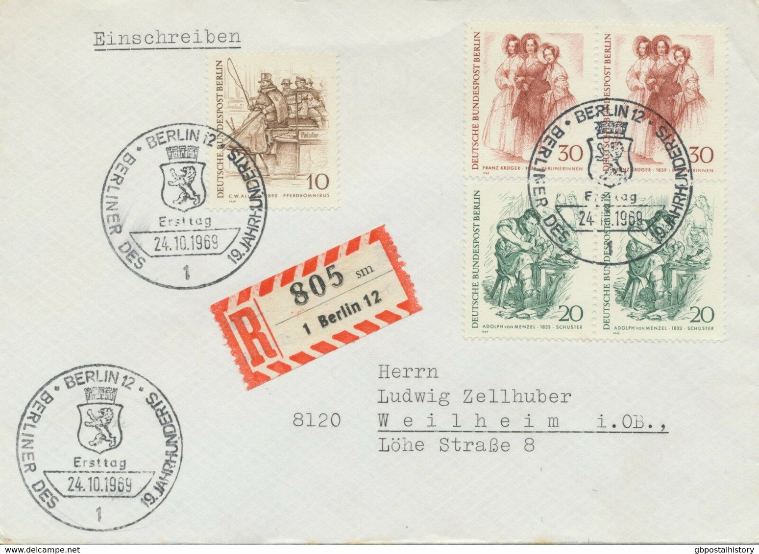 BERLIN 1969 Berliner Des 19.Jahrhunderts 10 Pf Pferdeomnibus; 20 Pf (Paar) Schuster; 30 Pf (Paar) Berlinerinnen R-FDC - Cartas & Documentos