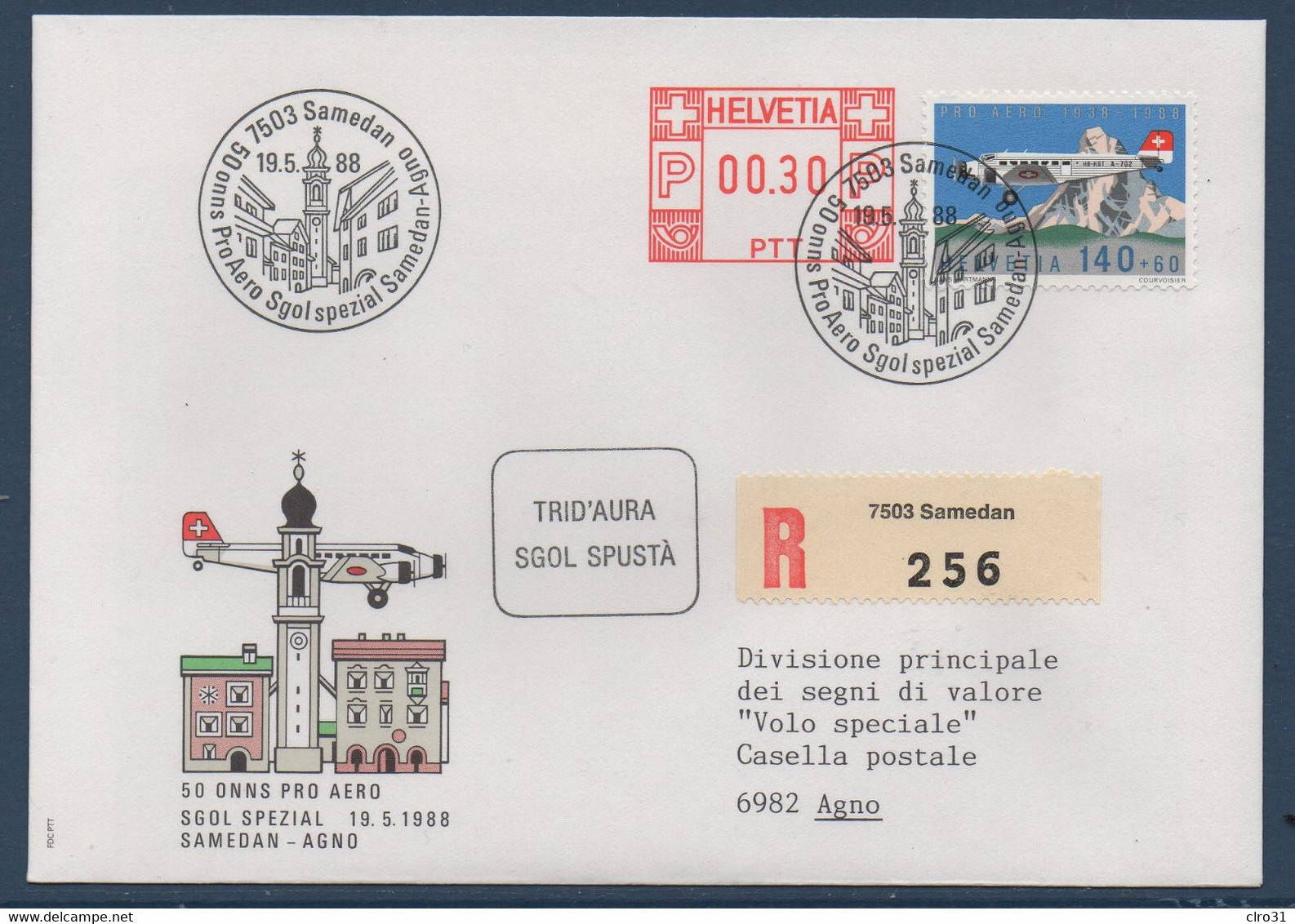 CH 1988 50ème Anniversaire Pro Aero 19/05/88 : Vol Spécial Samedan-Agno - Erst- U. Sonderflugbriefe