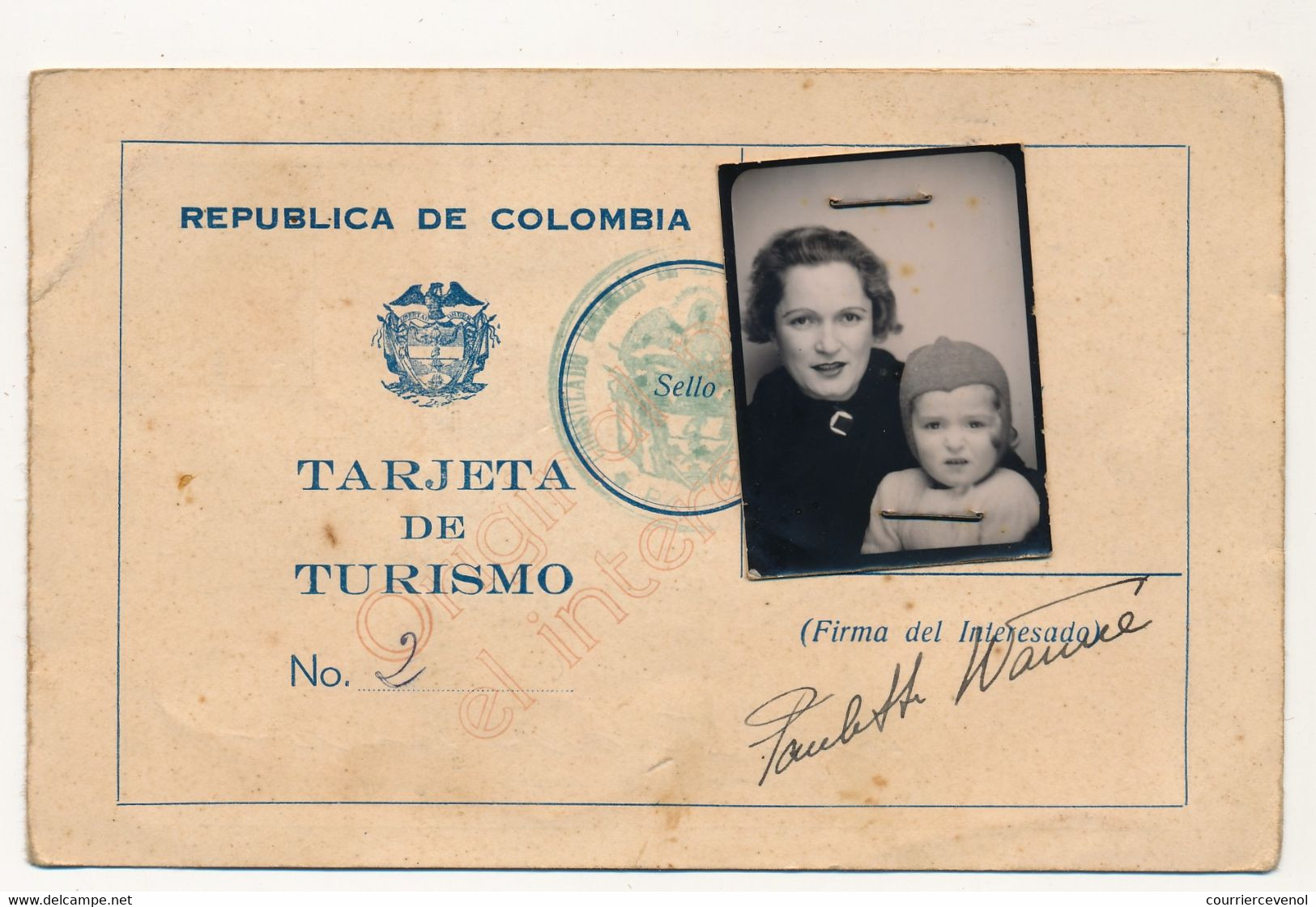 COLOMBIE - Tarjeta De Turisma - 1938 (Carte De Tourisme) - Documents Historiques