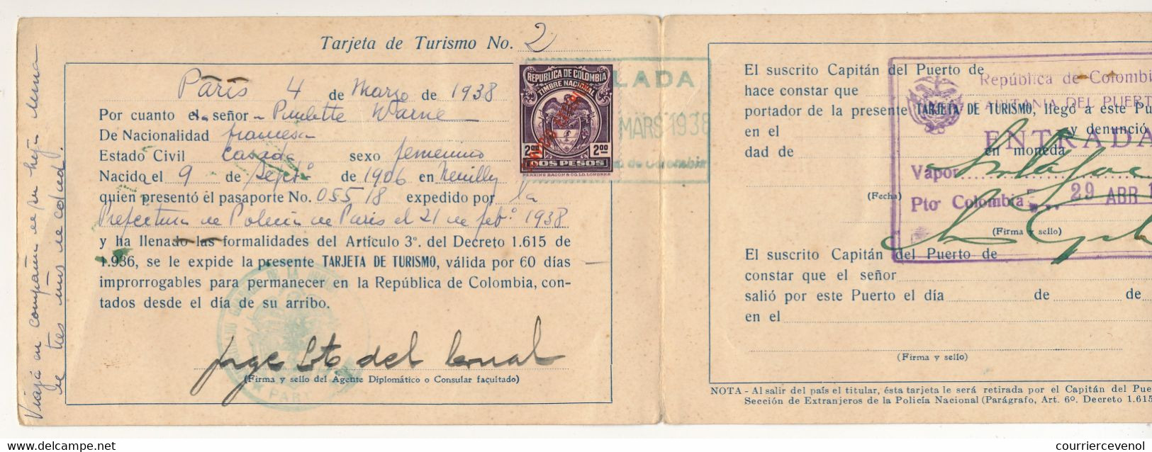 COLOMBIE - Tarjeta De Turisma - 1938 (Carte De Tourisme) - Documents Historiques