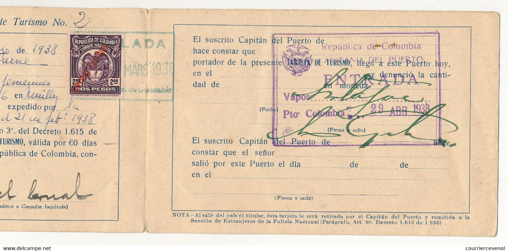 COLOMBIE - Tarjeta De Turisma - 1938 (Carte De Tourisme) - Documents Historiques