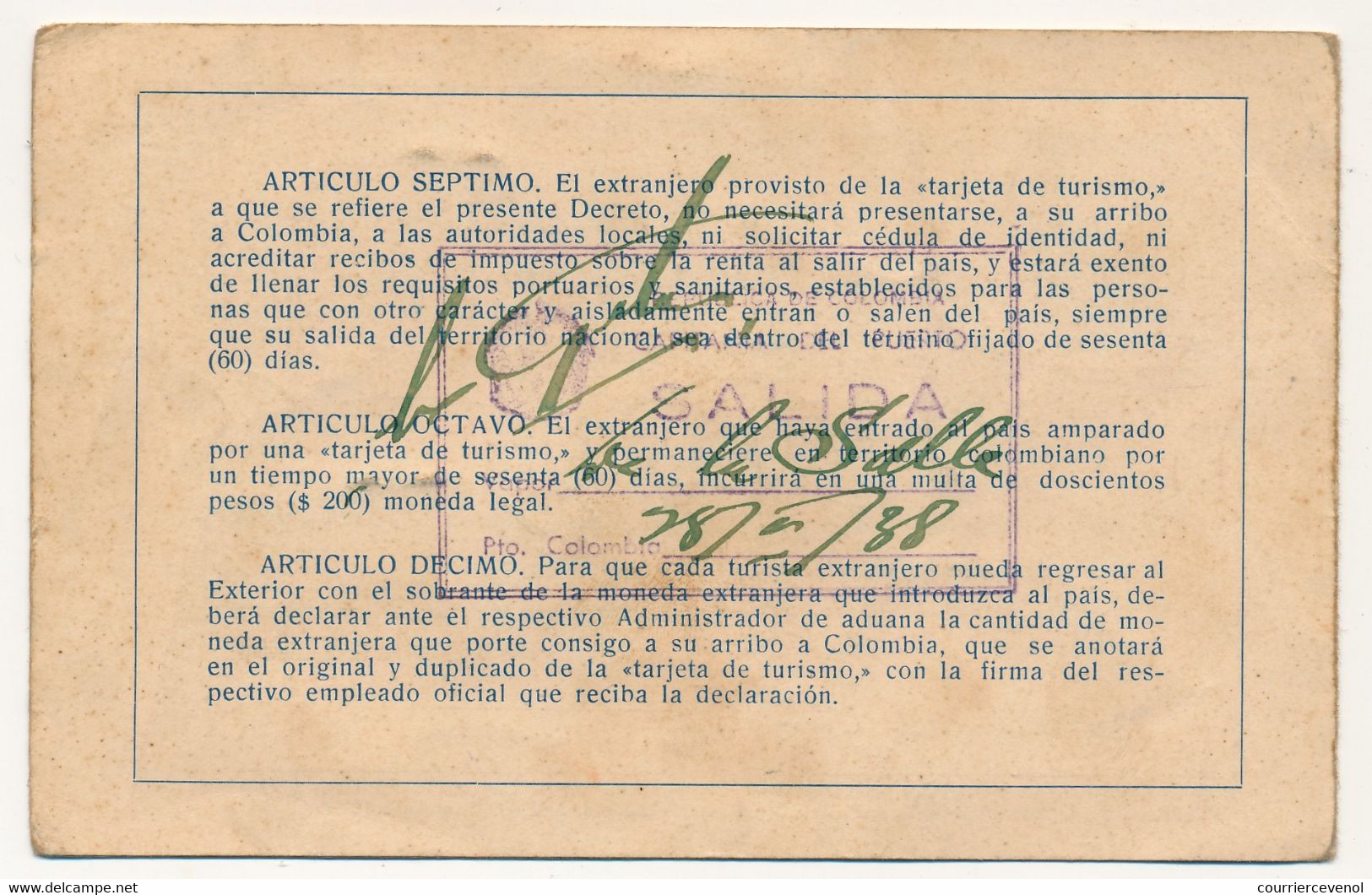 COLOMBIE - Tarjeta De Turisma - 1938 (Carte De Tourisme) - Documents Historiques