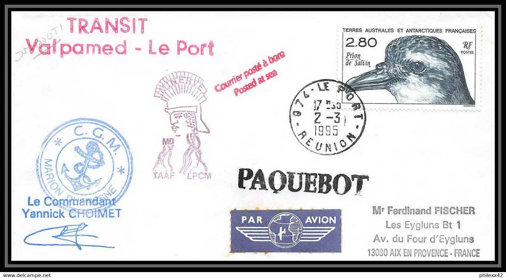 2326 ANTARCTIC Terres Australes TAAF Lettre Cover Dufresne 2/3/1995 Signé Signed CHOIMET Transit Val Pamed Djibouti - Lettres & Documents