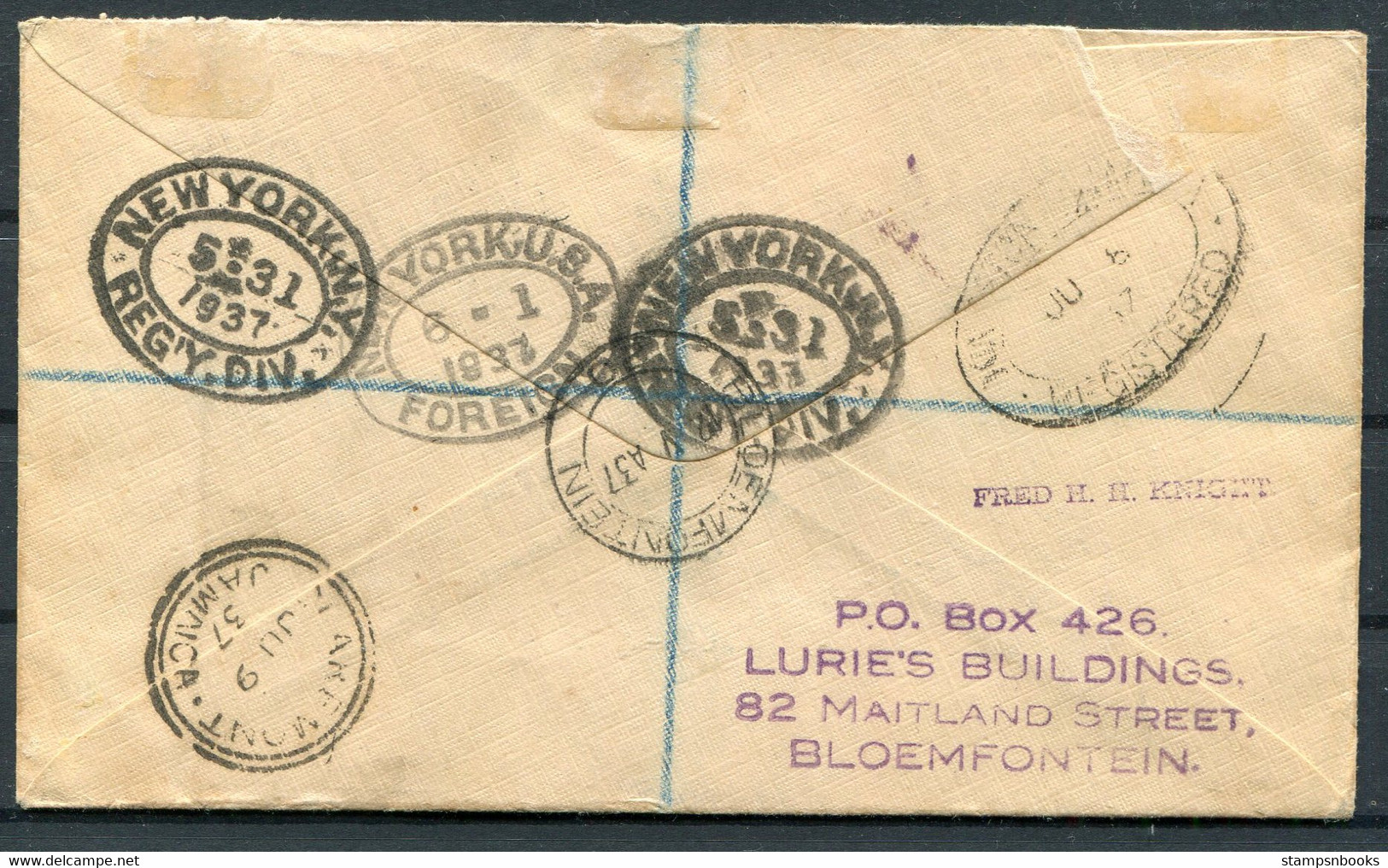 1937 South Africa Coronation First Day Cover, Registered Airmail Bloemfontein - Claremont Jamaica - Poste Aérienne