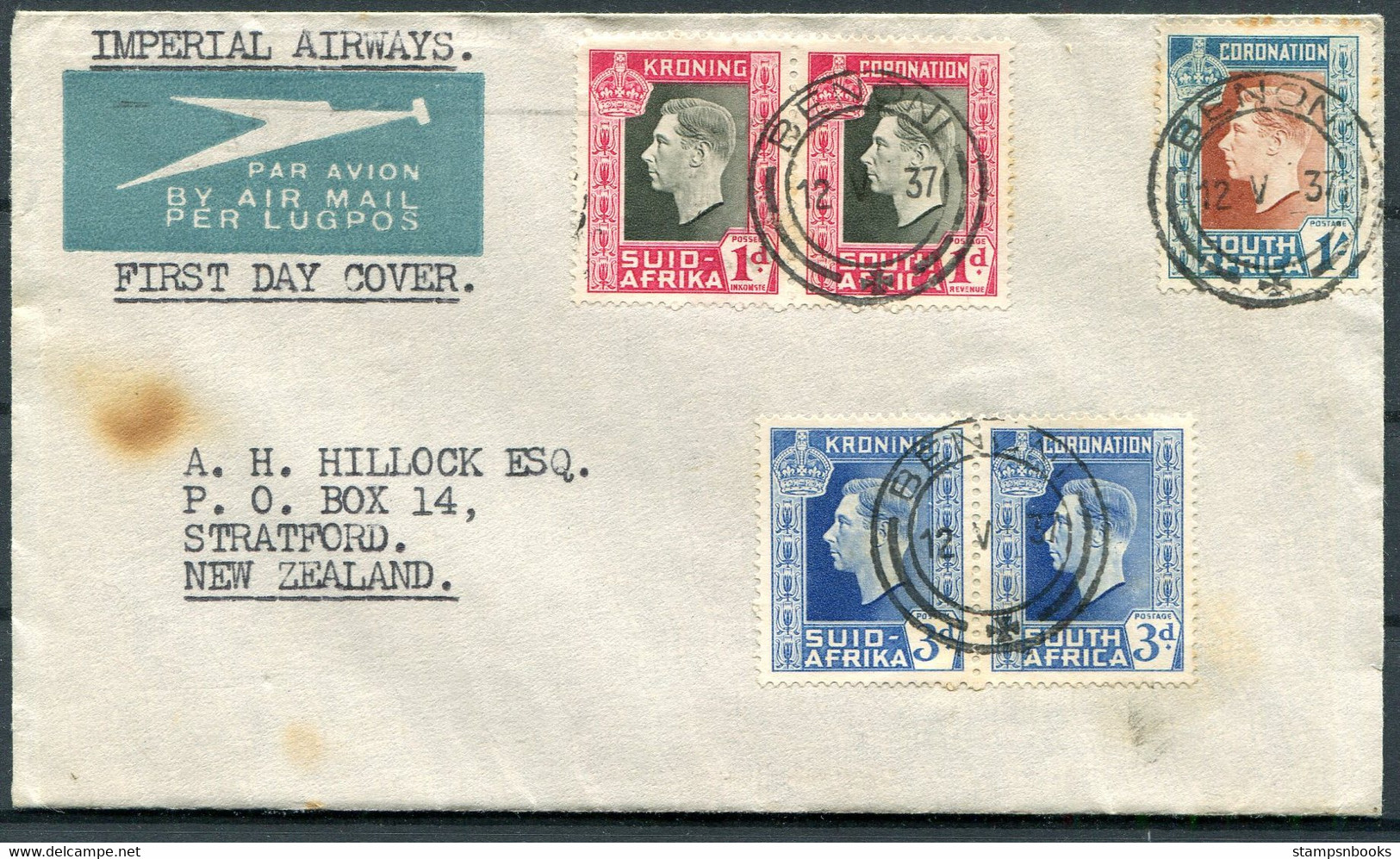 1937 South Africa Coronation First Day Cover, Imperial Airways Flight Benoni - New Zealand Via Sydney Australia Air Mail - Airmail