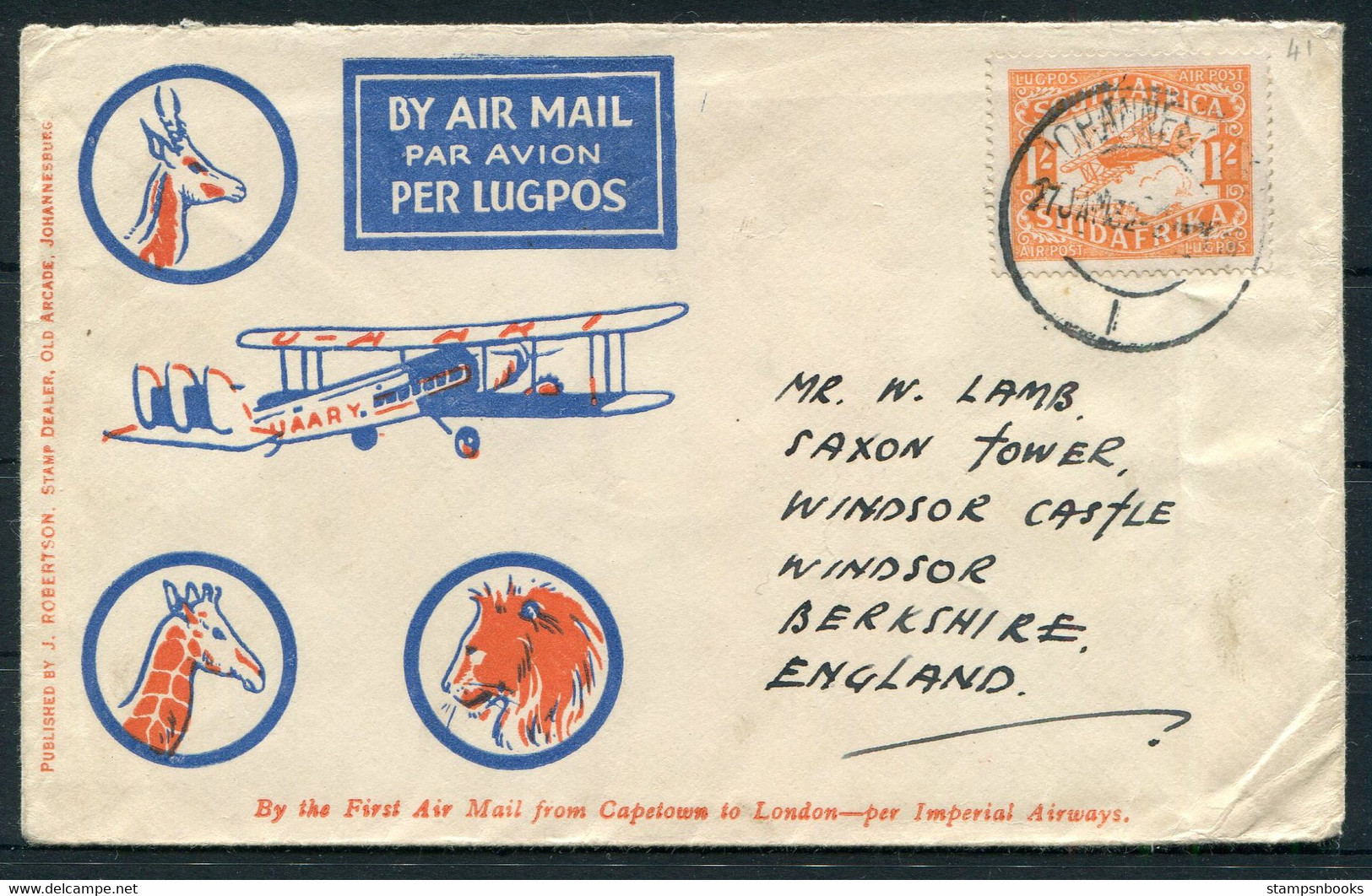 1932 (January 27th) South Africa Johannesburg - Windsor Castle,England. Cape Town - London Imperial Airways First Flight - Luftpost