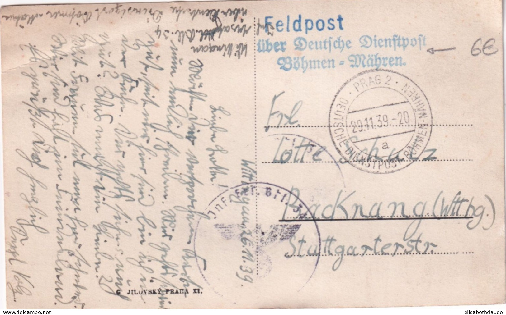 1939 - CP FELDPOST ALLEMANDE "DEUTSCHE DIENSTPOST BÖHMEN Und MÄHREN" PRAG => BACKNANG (WüRTT.) - Lettres & Documents