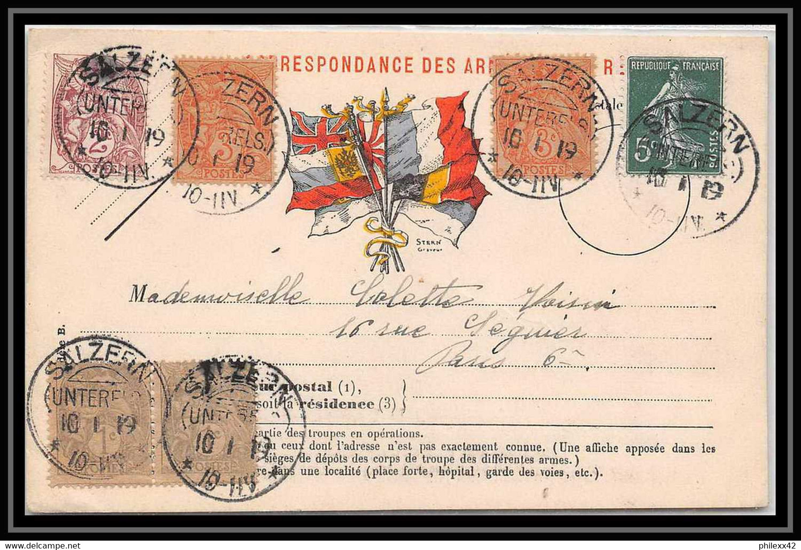 42384 Carte Postale De Franchise Alsace Lorraine Cachet Allemand Sur Timbre Francais SALZERN Saulxures 1919 - Guerra Del 1914-18