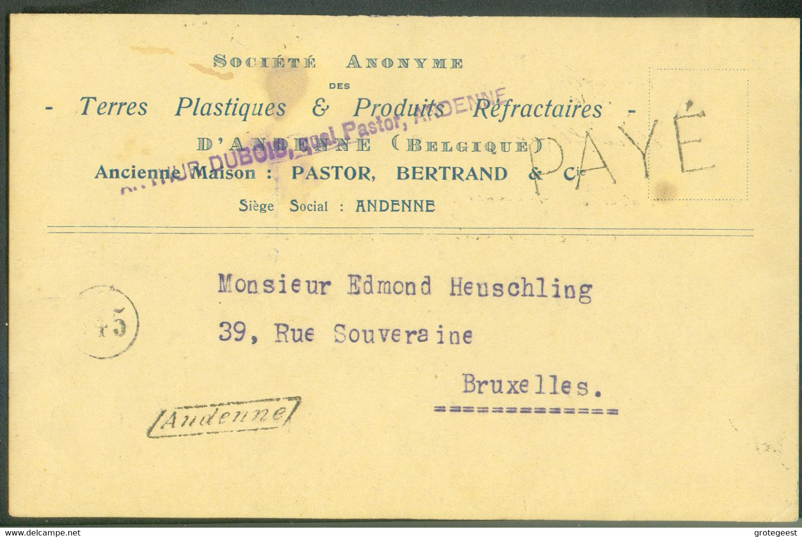 C.P. En Fortune,; Griffe PAYE + ANDENNE 24 Décembre 1918 Vers Bruxelles (SA Terres Plastiques Et Produits Réfractaires D - Sello Lineal