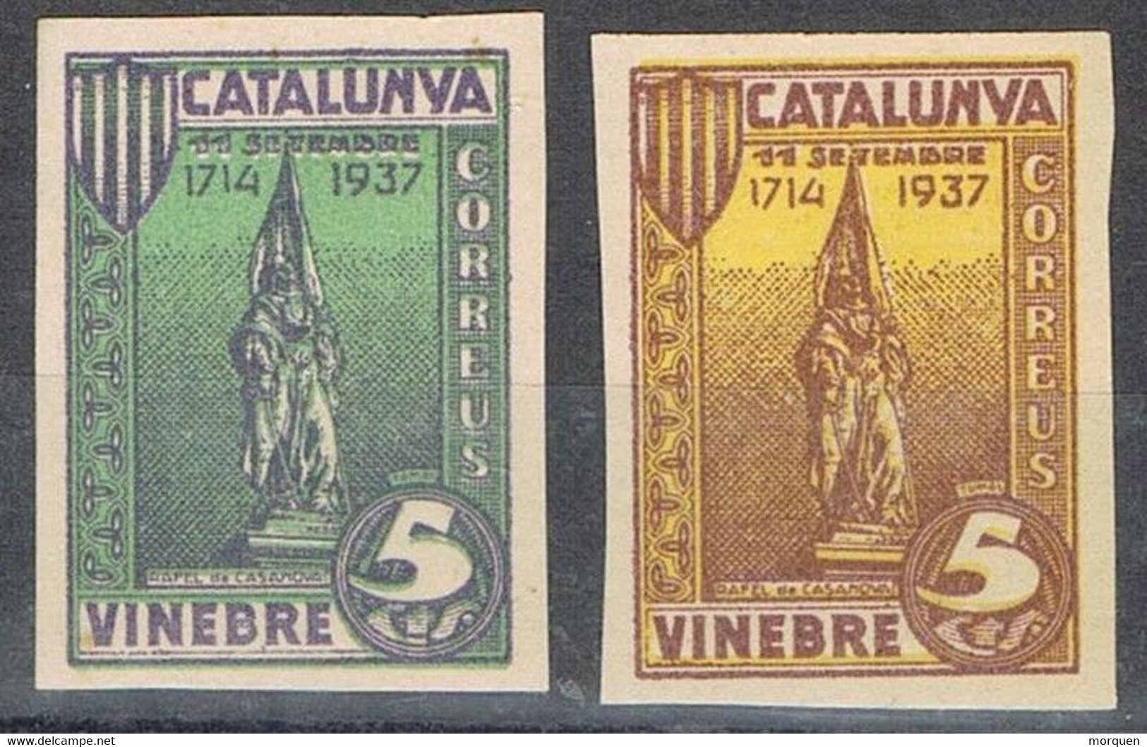 Dos Sellos Viñeta VINEBRE (Tarragona) 1937, Catalunya 11 Septiembre Sin Dentar, Guerra Civil º - Viñetas De La Guerra Civil