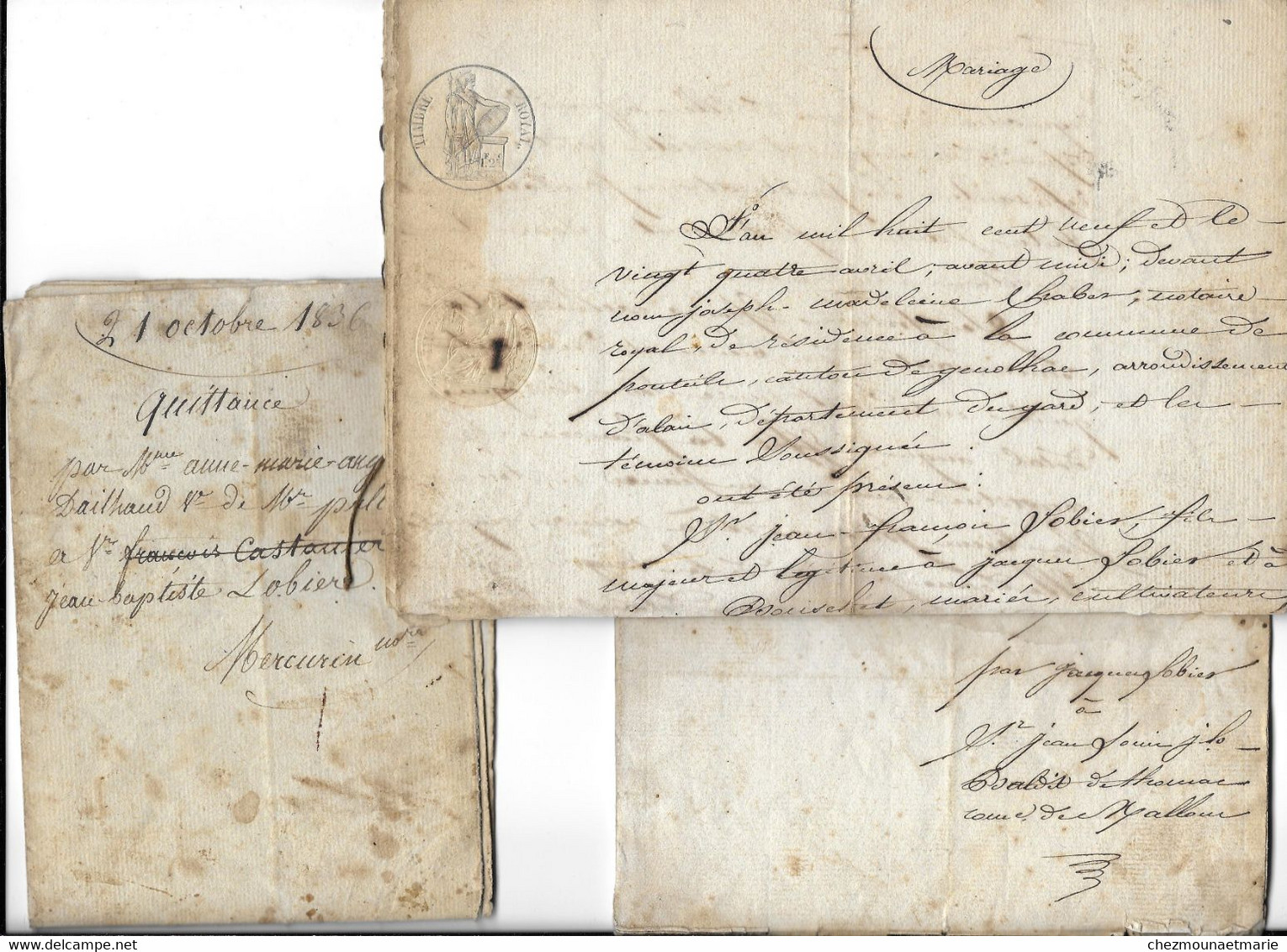 1809 1834 PONTEILS 1836 VILLENEUVE LES AVIGNON - FAMILLE LOBIER - MARIAGE QUITTANCE POUR BALDIT, QUITTANCE PAR DAILHAUD - Documents Historiques