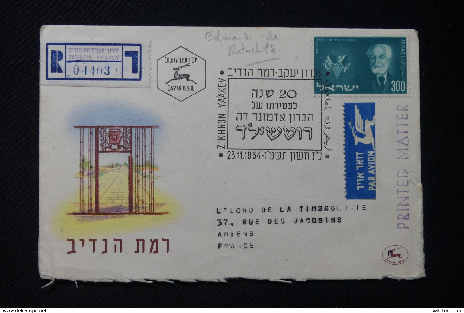 ISRAËL - Enveloppe FDC En 1954 ( Rothschild) En Recommandé De Zikhron Yaakov Pour La France - L 89951 - FDC