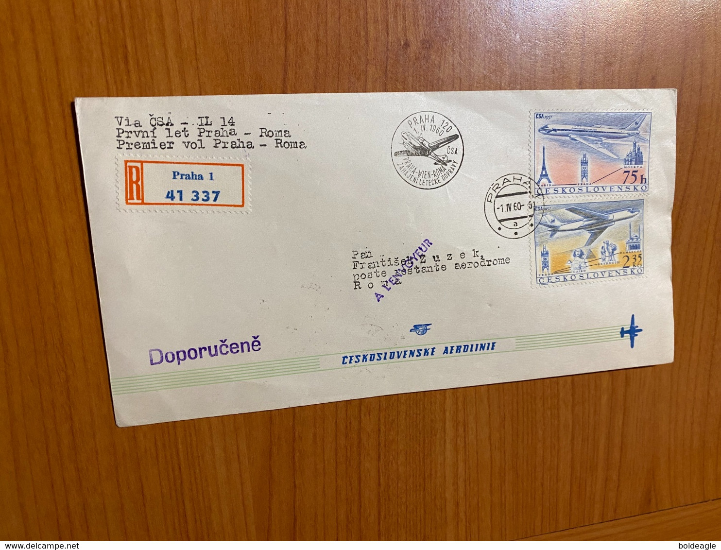 Lettre R - 1 Er Vol CSA - Prague / Rome 1960 - Poste Aérienne