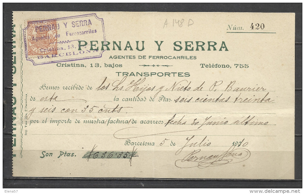 A148D-SELLO FISCAL EN DOCUMENTO AÑO 1910 COMPLETO FISCALES BARCELONA FERROCARRIL RAIL WAY TRENES PERNAU Y SERRA . - Fiscal-postal