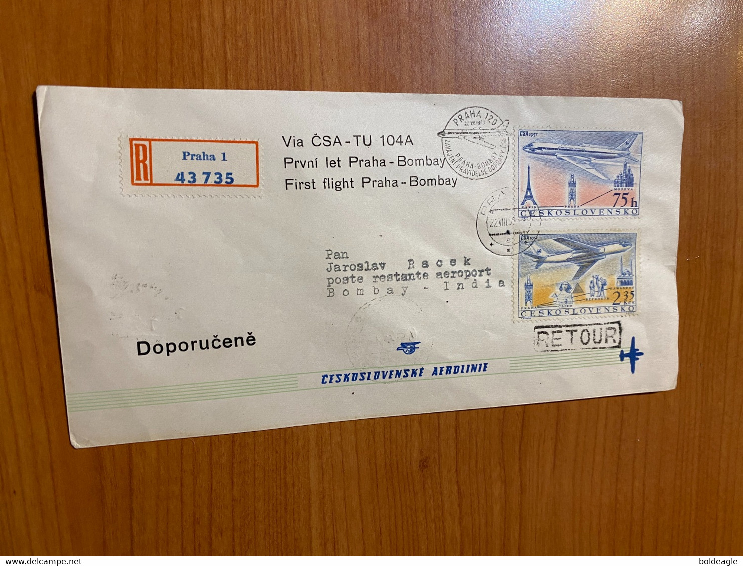 Lettre R -1 Er Vol CSA -Prague / Bombay 1959 - Poste Aérienne