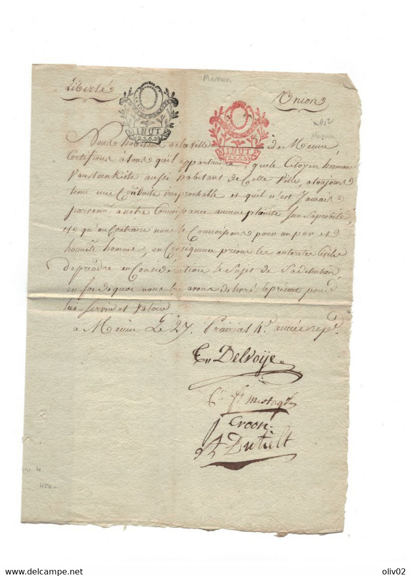 Departement Conquis De La Lys - Lettre De MENIN (Belgique). An IV De La Republique. PAS COURANT - 1792-1815: Veroverde Departementen