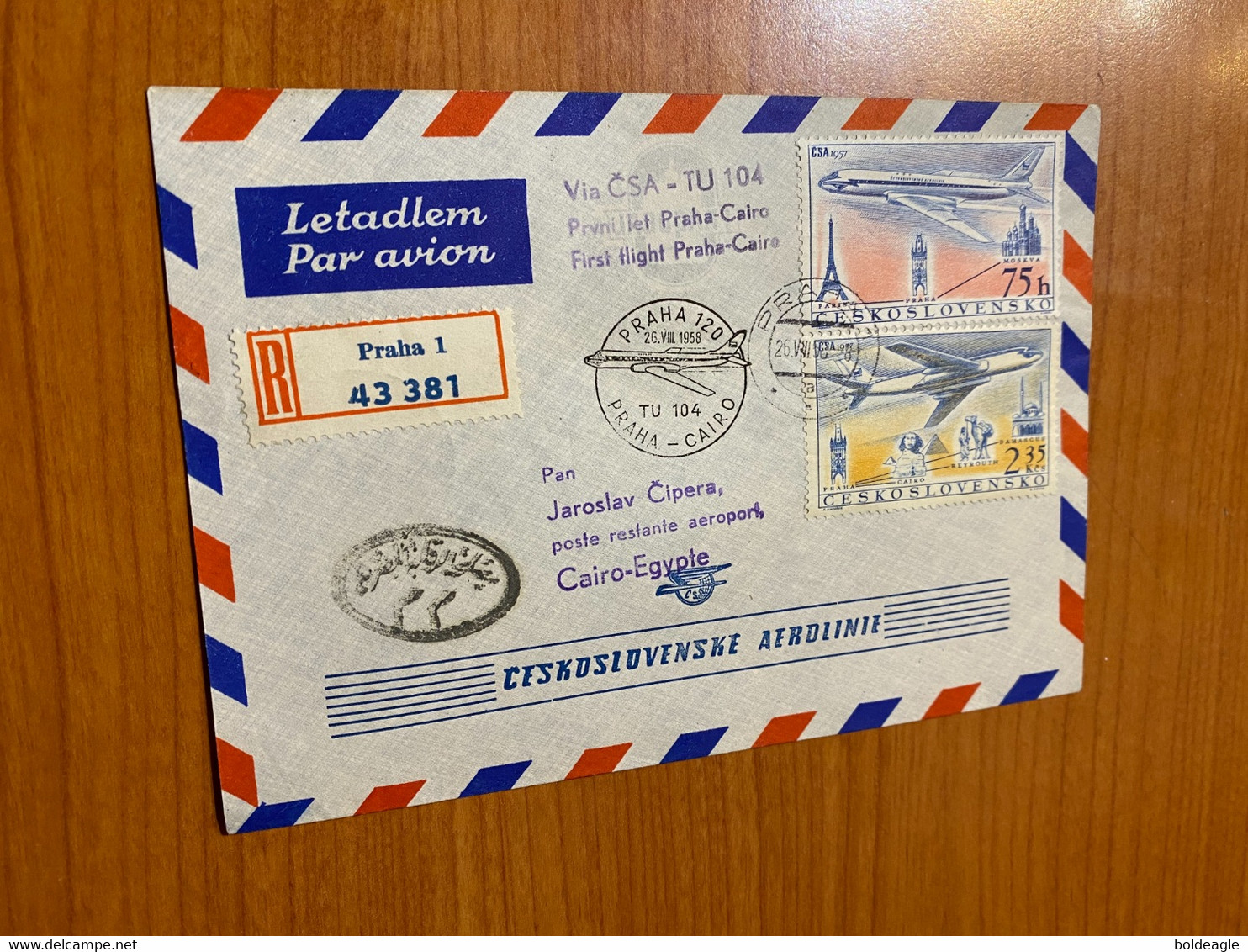 Lettre R -1er Vol CSA - Prague /Le Caire 1958 - Poste Aérienne