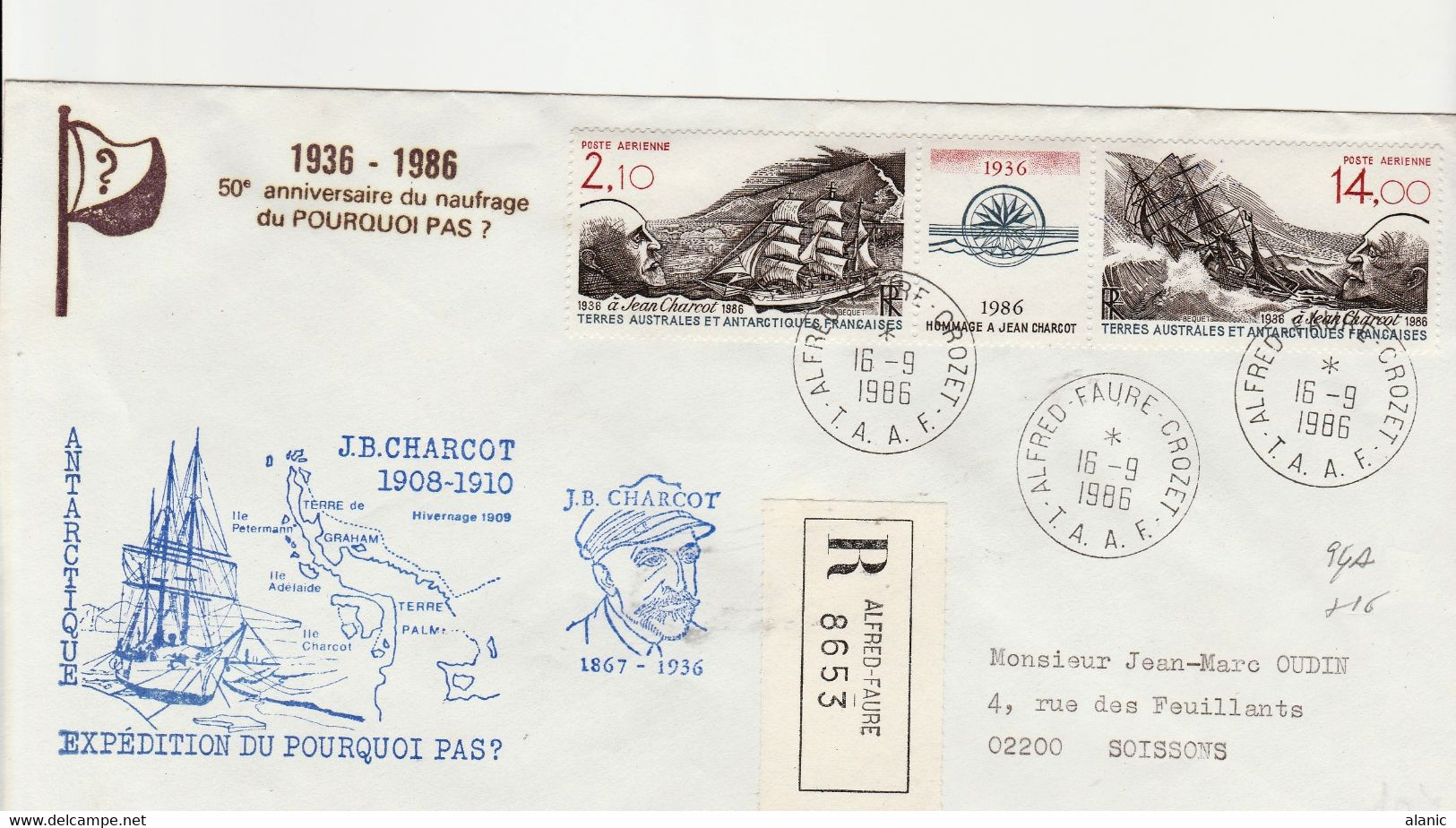 Taaf Terres Australes Antarctique Lettre (cover) 16/09/1986 PA N° 94A BATEAU A VOILE CHARCOT Recommandé - Briefe U. Dokumente