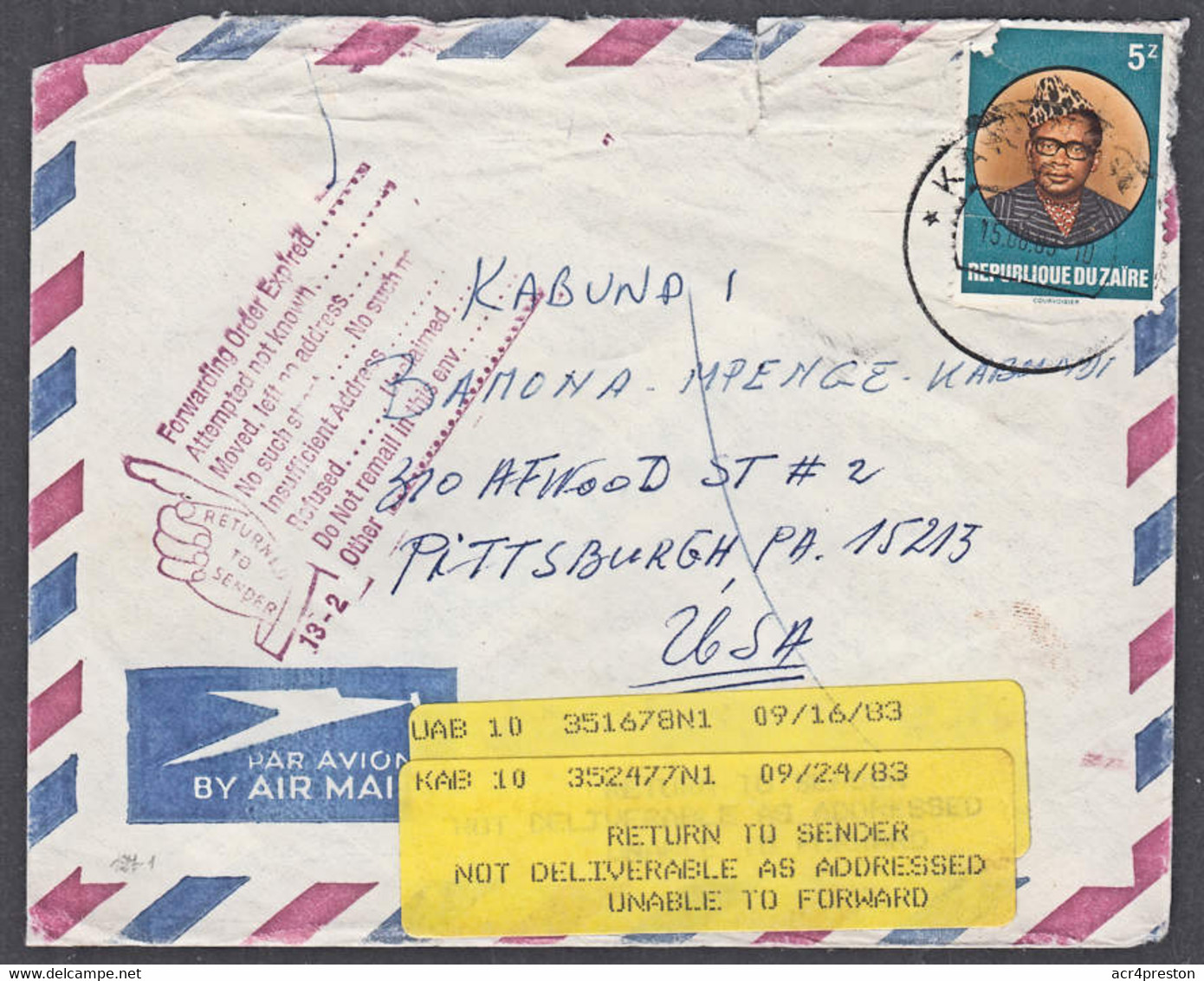 Cb0030 ZAIRE 1983, Cover KInshasa To USA, With 'Return To Sender' Marks - Oblitérés